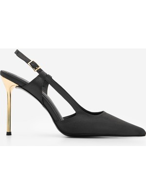 Marjin Kadın Stiletto Sivri Burun Arkası ve Yanları Açık Altın Boyama Ökçeli Ince Topuklu Ayakkabı Rigen Siyah Saten