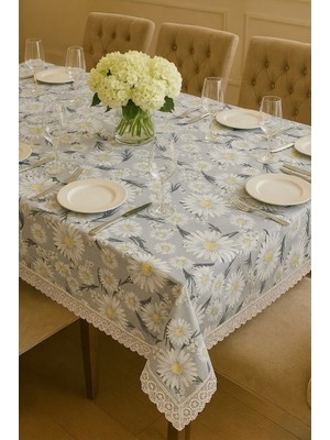 Rona Home Lüks Gri Papatya Çeyizlik Masa Örtüsü Dantel Detaylı, Şık ve Zarif Tasarım Silinebilir Leke Tutmaz