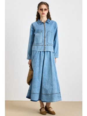 Olcay Fermuar Kapamalı Ceket Etek Denim Takım Mavi 9447-TK