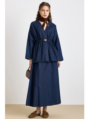 Olcay Beli Lastikli Taşlı Çıt Çıtlı Ceket Etek Denim Takım Lacivert 9445-TK