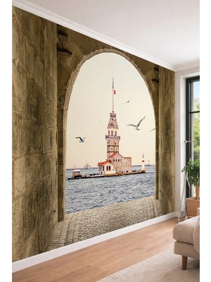 Dreamwall Tarihi Taş Kemerli Kız Kulesi Istanbul Manzaralı Tekstil Duvar Kağıdı