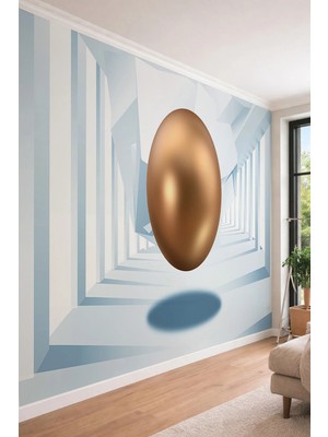 Dreamwall 3D Geometrik Koridor ve Altın Obje - Modern Tasarımlı Tek Parça Tekstil Duvar Kağıdı