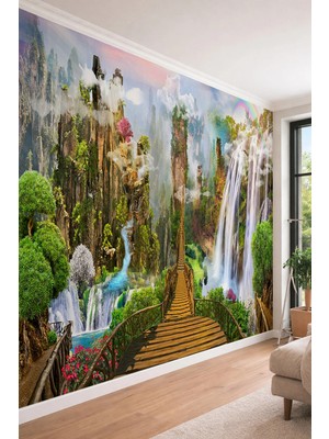 Dreamwall Fantastik Doğa Manzaralı Şelale ve Ahşap Köprü 3D Etkili Tekstil Duvar Kağıdı