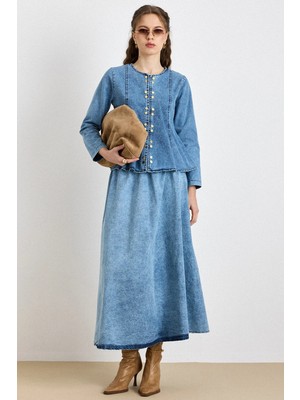 Olcay Metal Çıt Çıt Detaylı Ceket Etek Denim Takım Mavi 9448-TK