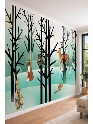 Dreamwall Orman ve Sevimli Hayvanlar - Çocuk Odası Için Tek Parça Tekstil Duvar Kağıdı