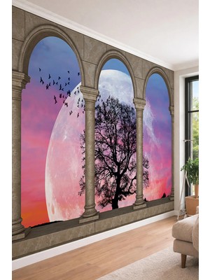 Dreamwall 3D Antik Sütunlu Kemerden Dolunay ve Ağaç Manzaralı Tek Parça Tekstil Duvar Kağıdı