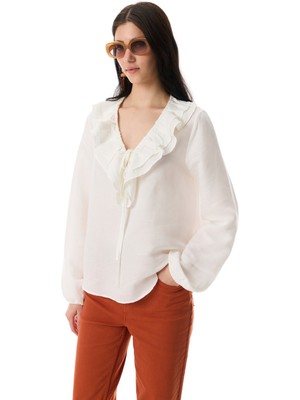 Oversıze V Yaka Fırfırlı Bluz