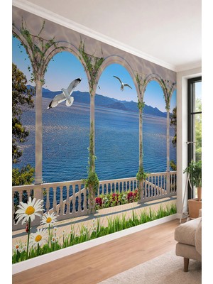 Dreamwall 3D Sarmaşıklı Kemer ve Deniz Manzaralı Martı Figürlü Tek Parça Tekstil Duvar Kağıdı