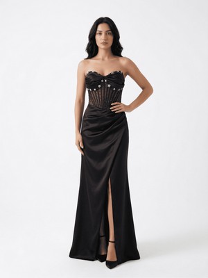 BDM Exclusive Bdm Exclusıve Straplez Çicek Taş Detaylı Yırtmaçlı Uzun Saten Abiye Elbise