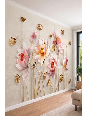 Dreamwall 3D Lotus Çiçekleri ve Tohumlar - Modern Sanat Temalı Tek Parça Tekstil Duvar Kağıdı