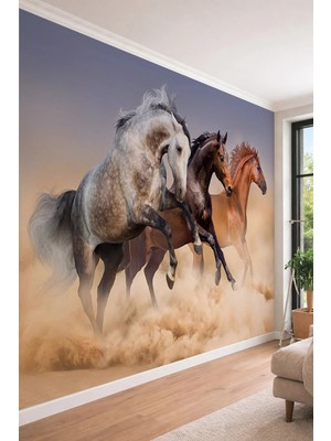 Dreamwall Dörtnala Koşan Atlar - Vahşi Doğa Temalı Tek Parça Tekstil Duvar Kağıdı