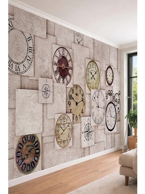 Dreamwall Vintage Saatler ve Pusula - 3D Blok Görünümlü Tek Parça Tekstil Duvar Kağıdı