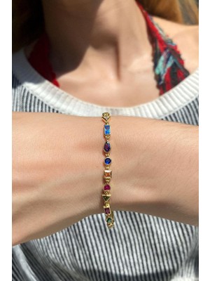 Spossy Silver Jewelry Geometrik Renkli Taşlı Bileklik