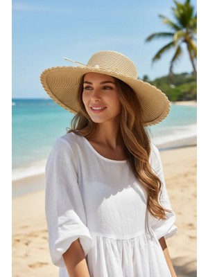 Bay Şapkacı Kadın Geniş Kenarlı Incili Hasır Şapka 3871