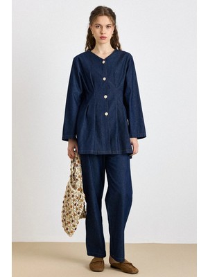 Olcay Beli Pens Detaylı Ceket Pantolon Denim Takım Lacivert 9446-TK