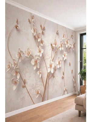 Dreamwall 3D Zarif Beyaz Çiçekler - Altın Detaylı Mermer Dokulu Tek Parça Tekstil Duvar Kağıdı