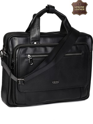 Ççs 71473 Hakiki Deri Unisex Evrak Çantası Laptop Bölmeli Profesyonel Iş Çantası Siyah