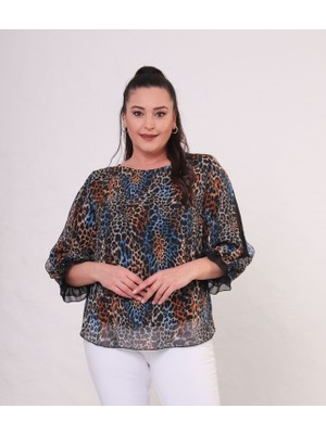 Mezure Desenli Astarlı Şifon Bluz Büyük Beden