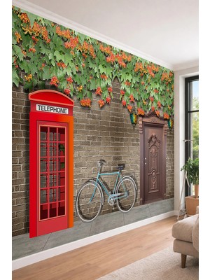 Dreamwall Nostaljik Londra Sokağıtelefon Kulübesi- Bisikletli Tek Parça Tekstil Duvar Kağıdı