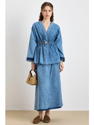 Olcay Beli Lastikli Taşlı Çıt Çıtlı Ceket Etek Denim Takım Mavi 9445-TK