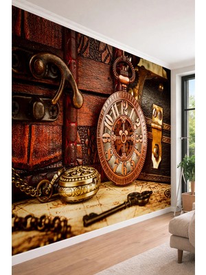 Dreamwall Antika Hazine Sandığı ve Saat - Nostaljik Temalı Tek Parça Tekstil Duvar Kağıdı