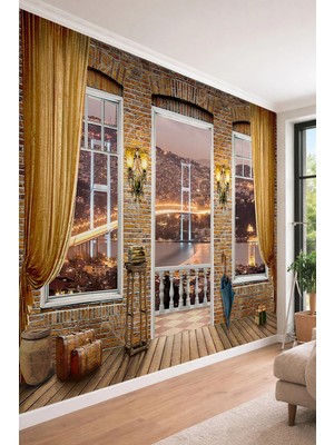 Dreamwall Tuğla Duvarlı Istanbul Boğazı Manzaralı 3D Teras Tekstil Duvar Kağıdı