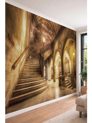 Dreamwall Gotik Mimari ve Tarihi Merdivenler - Nostaljik Temalı Tek Parça Tekstil Duvar Kağıdı