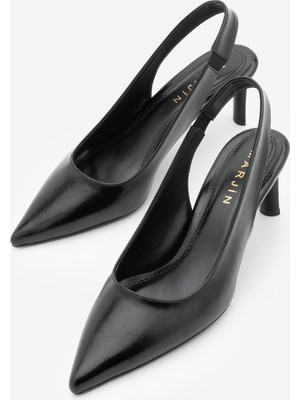 Marjin Kadın Stiletto Sivri Burun Arkası Açık Atkılı Kalın Bantlı Topuklu Ayakkabı Cenvo Siyah