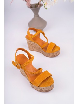 Sy Leather Jasmin Model Hakiki Deri Saç Örgü Detaylı Platform Dolgu Topuklu Tokalı Sandalet