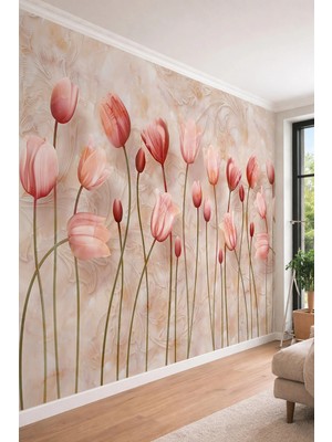 Dreamwall 3D Zarif Laleler ve Klasik Oymalar - Mermer Dokulu Tek Parça Tekstil Duvar Kağıdı