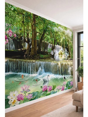 Dreamwall 3D Şelale Manzaralı Kuğulu ve Nilüferli Tek Parça Tekstil Duvar Kağıdı