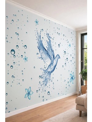 Dreamwall Su Damlaları ve Sıvı Kuş Figürü - Ferahlatıcı Modern Temalı Tek Parça Tekstil Duvar Kağıdı