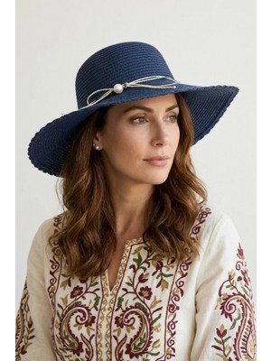 Bay Şapkacı Kadın Geniş Kenarlı Incili Hasır Şapka 3871