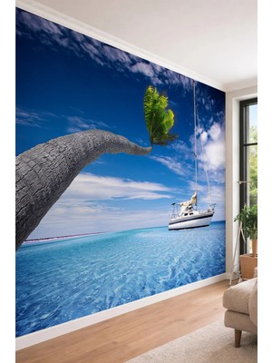 Dreamwall Tropikal Deniz ve Yelkenli Manzaralı Tek Parça Tekstil Duvar Kağıdı