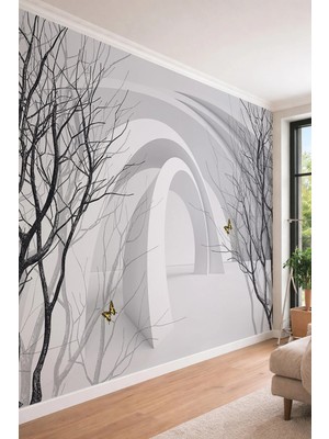 Dreamwall 3D Minimalist Mimari ve Soyut Ağaçlar Temalı Tek Parça Tekstil Duvar Kağıdı