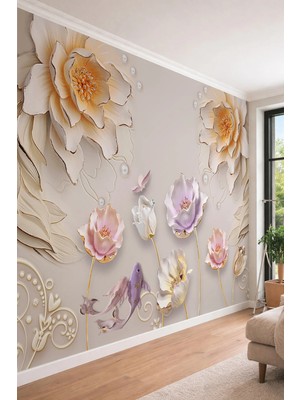 Dreamwall 3D Inci Detaylı Modern Çiçekler - Pastel Tonlu Sanatsal Tek Parça Tekstil Duvar Kağıdı