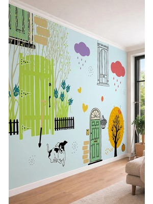Dreamwall Illüstrasyon Bahçe ve Renkli Kapılar - Çocuk Odası Için Tek Parça Tekstil Duvar Kağıdı