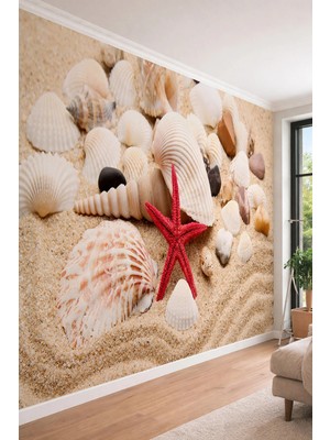 Dreamwall Deniz Yıldızı ve Istiridye Kabukları Kumsal- Tek Parça Tekstil Duvar Kağıdı