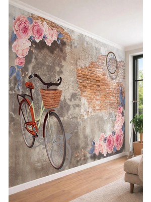 Dreamwall Nostaljik Bisiklet ve Güller Eskitme Tuğla Dokulu Tek Parça Tekstil Duvar Kağıdı