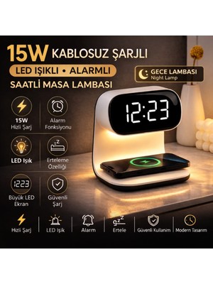 Polham 15W Kablosuz Şarjlı LED Masa Lambası Saat | Alarm Özellikli Dijital Saat | Gece Lambası | LED Ekran
