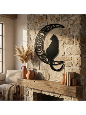 Metla Metal Hilal Üzerinde Kedi Mandala Modern Metal Duvar Tablosu Salon Ofis Yeni Ev Hediye