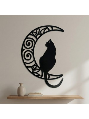 Metla Metal Hilal Üzerinde Kedi Mandala Modern Metal Duvar Tablosu Salon Ofis Yeni Ev Hediye