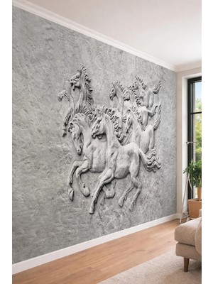 Dreamwall Kabartma Efektli Şahlanan Atlar - Gri Taş Dokulu Tek Parça Tekstil Duvar Kağıdı