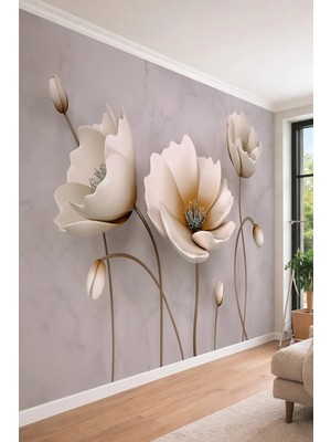 Dreamwall 3D Modern Ipek Çiçekler - Antrasit Mermer Fonlu Tek Parça Tekstil Duvar Kağıdı