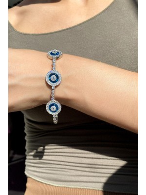 Spossy Silver Jewelry 925 Ayar Gümüş, Silver, Üçlü Cam Göz Su Yolu Pırlanta Kilit Bileklik, 17cm