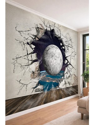 Dreamwall Ay ve Dünya Görünümlü 3D Duvar Çatlağı - Uzay Temalı Tek Parça Tekstil Duvar Kağıdı
