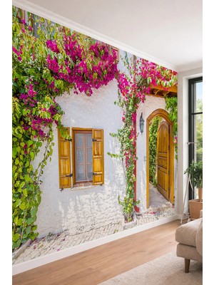 Dreamwall Begonvilli Ege Evi - Nostaljik Sokak Manzaralı Tek Parça Tekstil Duvar Kağıdı