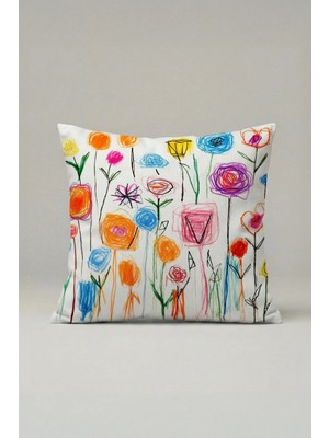 Viki Concept Renkli Çiçekler Çocuk Çizimi Kırlent Kılıfı 052 – Modern Sanatsal Dekoratif Yastık Kılıfı 45X45 cm