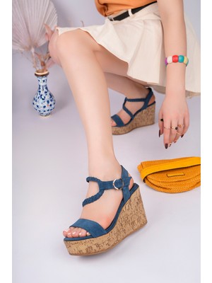 Sy Leather Jasmin Model Hakiki Deri Saç Örgü Detaylı Platform Dolgu Topuklu Tokalı Sandalet