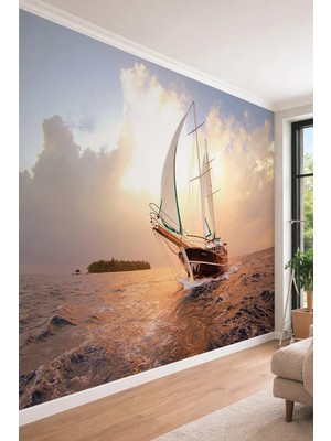 Dreamwall Gün Batımı ve Yelkenli - Deniz Manzaralı Tek Parça Tekstil Duvar Kağıdı